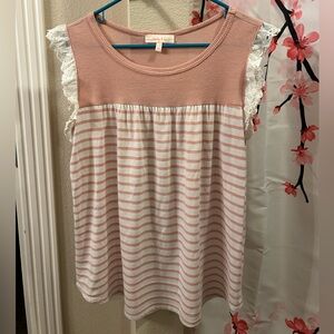 Elegant Pink and White Striped Blouse with Lace Accents